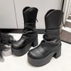 Mode 9cm Winter Damen Stiefeletten Plüsch Schnallenriemen Block Hohe Absätze Plateau Stiefel Party Booty Seitenreißverschluss Schwarze Lederschuhe