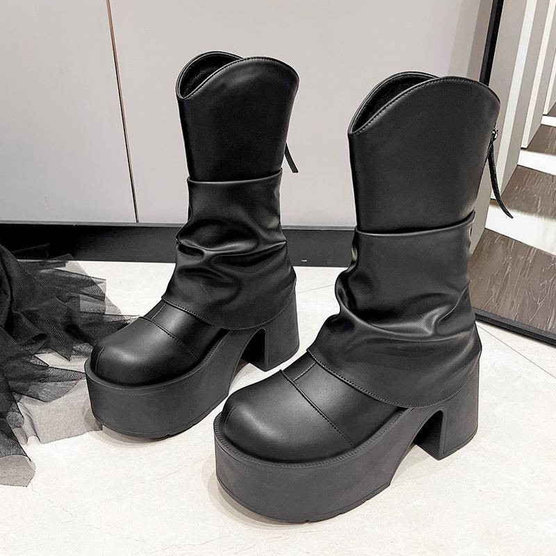 Mode 9cm Winter Damen Stiefeletten Plüsch Schnallenriemen Block Hohe Absätze Plateau Stiefel Party Booty Seitenreißverschluss Schwarze Lederschuhe