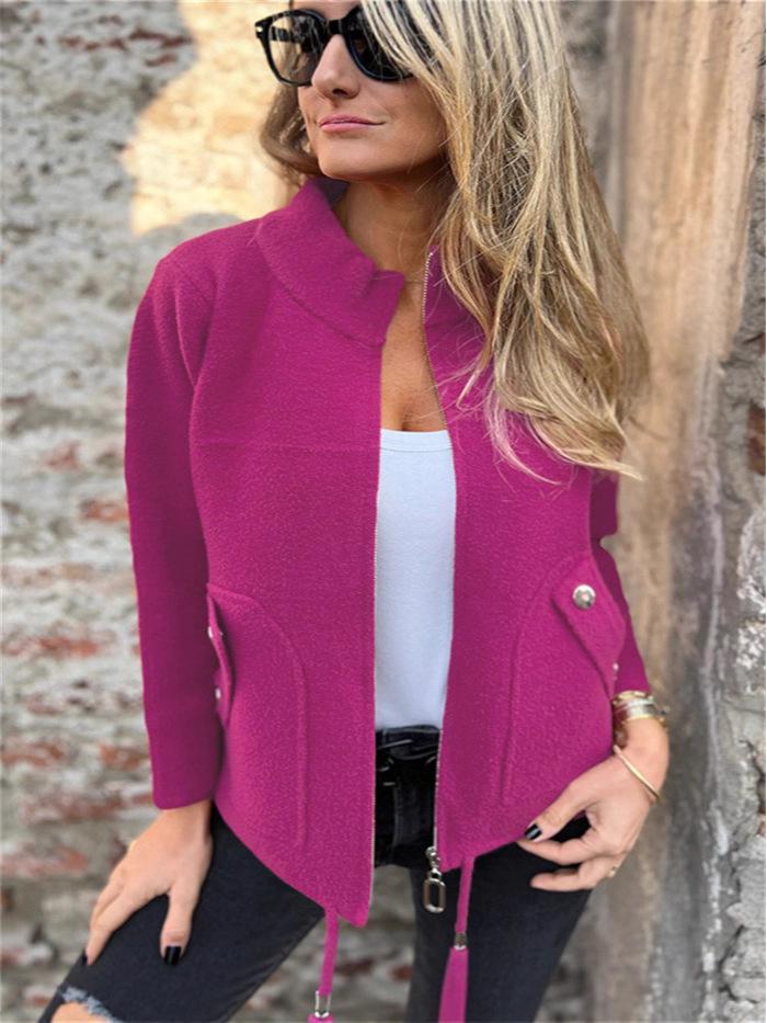 Women's Casual Woolen Tie-up Suit Jacket with Turn-down Collar and Faux Pockets - Autumn/Winter 2026 Collection