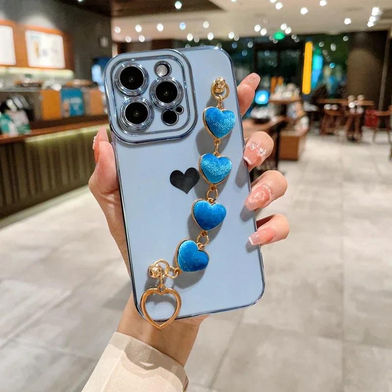 Luxury Soft Love Heart Bracelet Phone Case For iPhone 11 12 13 14 15 Pro Max XS X XR 7 8 Plus SE 2020 2022 Lint Bumper Cover