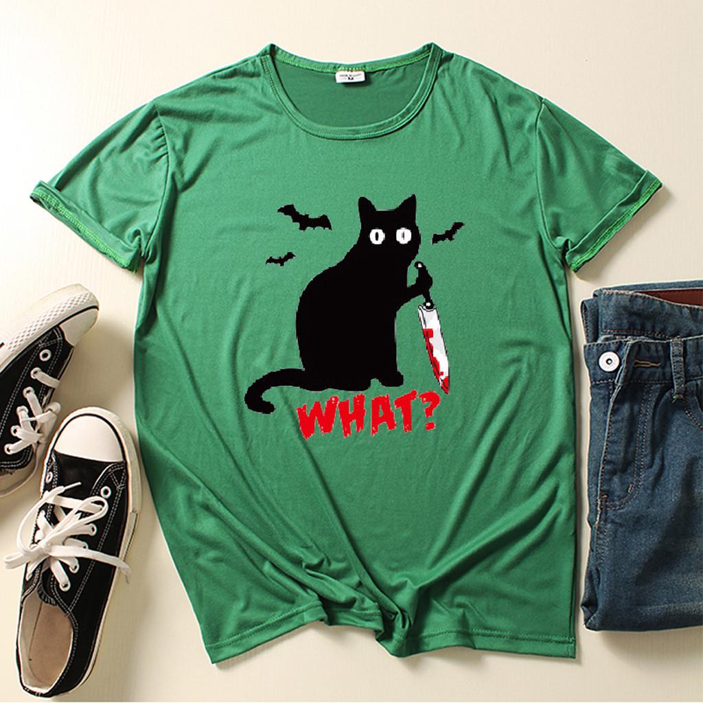Buy Women's Halloween Casual Tshirt Black Cat Letter Funny Print O