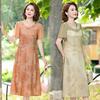 2026 Chinese National Style Chiffon Dress: Elegant Floral Print Summer Dress for Middle-aged Women