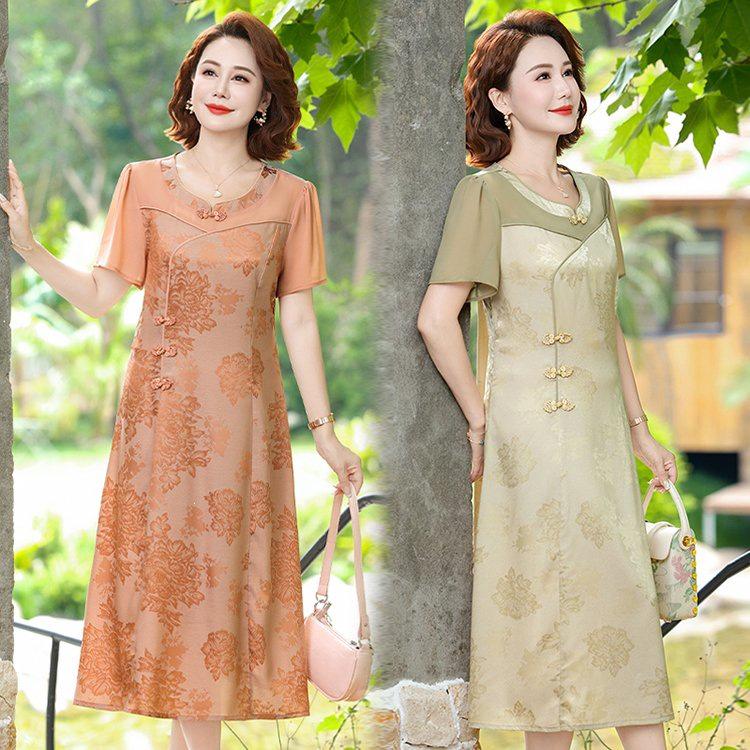 2026 Chinese National Style Chiffon Dress: Elegant Floral Print Summer Dress for Middle-aged Women