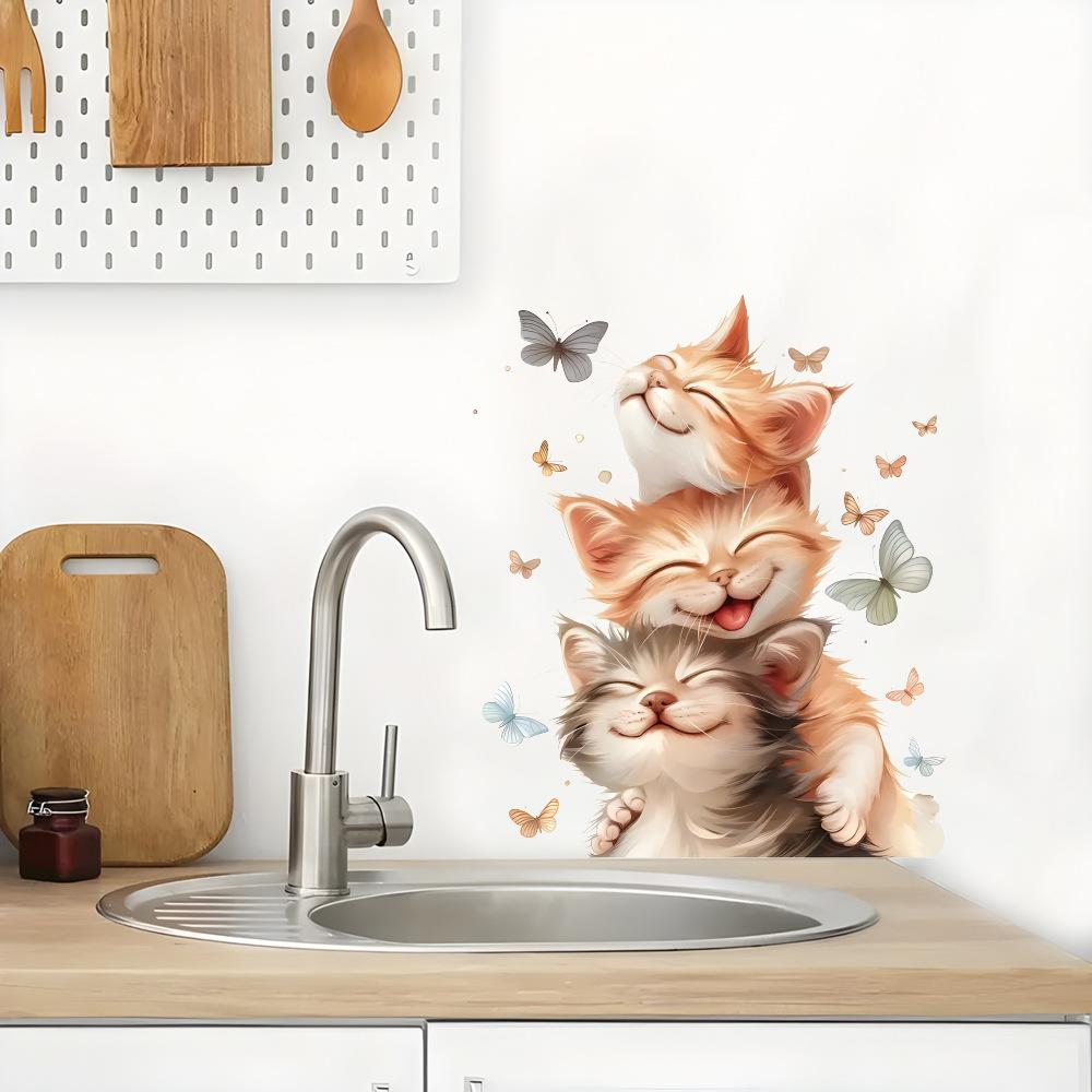 Self-adhesive Cartoon Cute Stacked Cats with Butterfly Wall Window Stickers for Kids Room Living Room Glass Decor