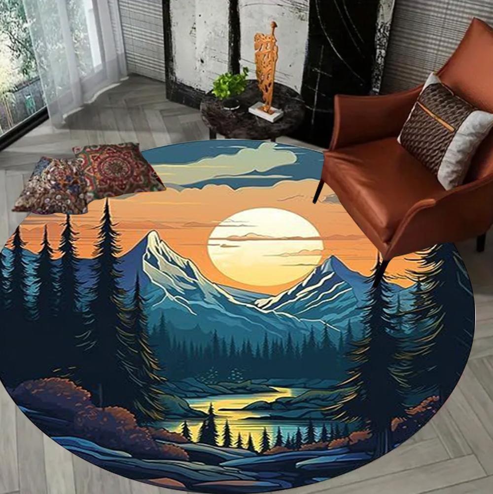 Retro Japanese Kanagawa Waves Round Carpet Non-Slip Rug for Living Room Bedroom Sofa Coffee Table, Home Area Mat