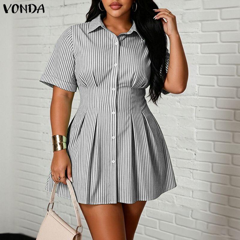 VONDA Robe Chemise Mini Rayée Décontractée à Manches Courtes et Col Revers d'Été pour Femme