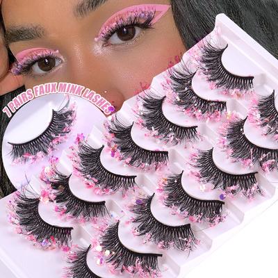 7 Pairs Of Luminous Sequins False Eyelashes, Event Stage Makeup Eyelashes, Colored Glitter False Eyelashes