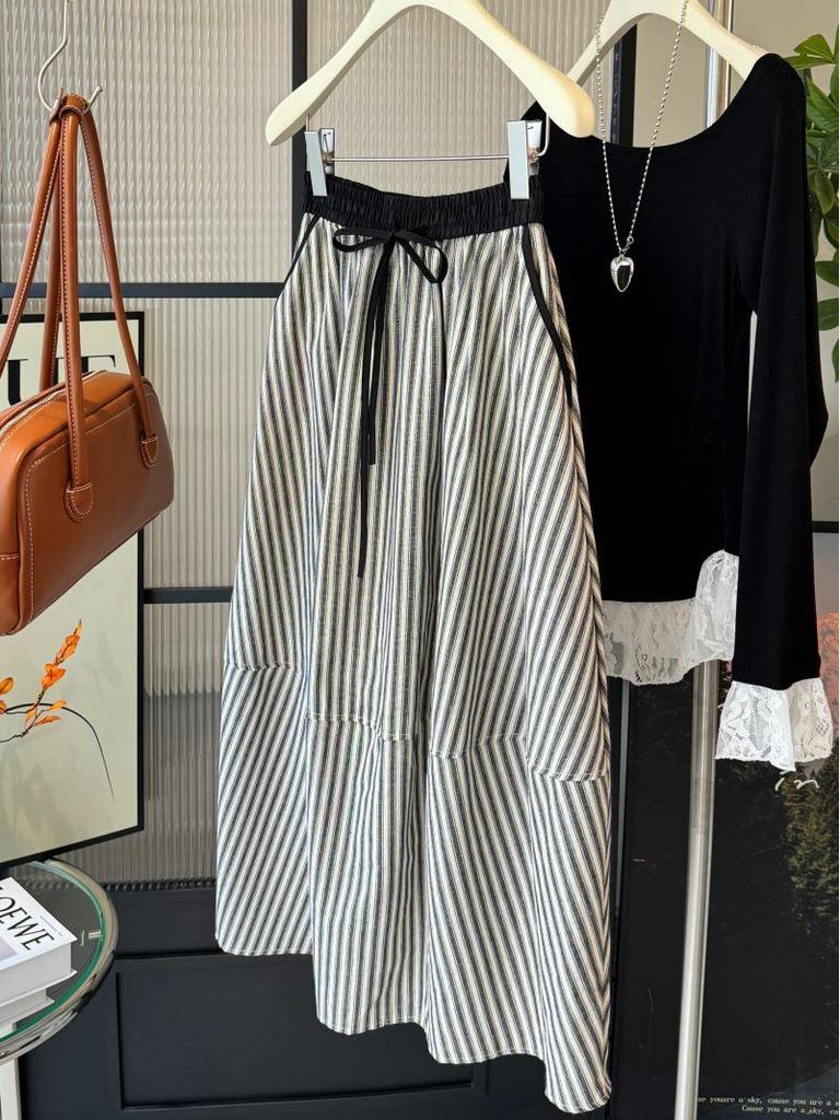 Elegant Spring A-line Tulip Hem Skirt with Elastic Waist and Striped Design