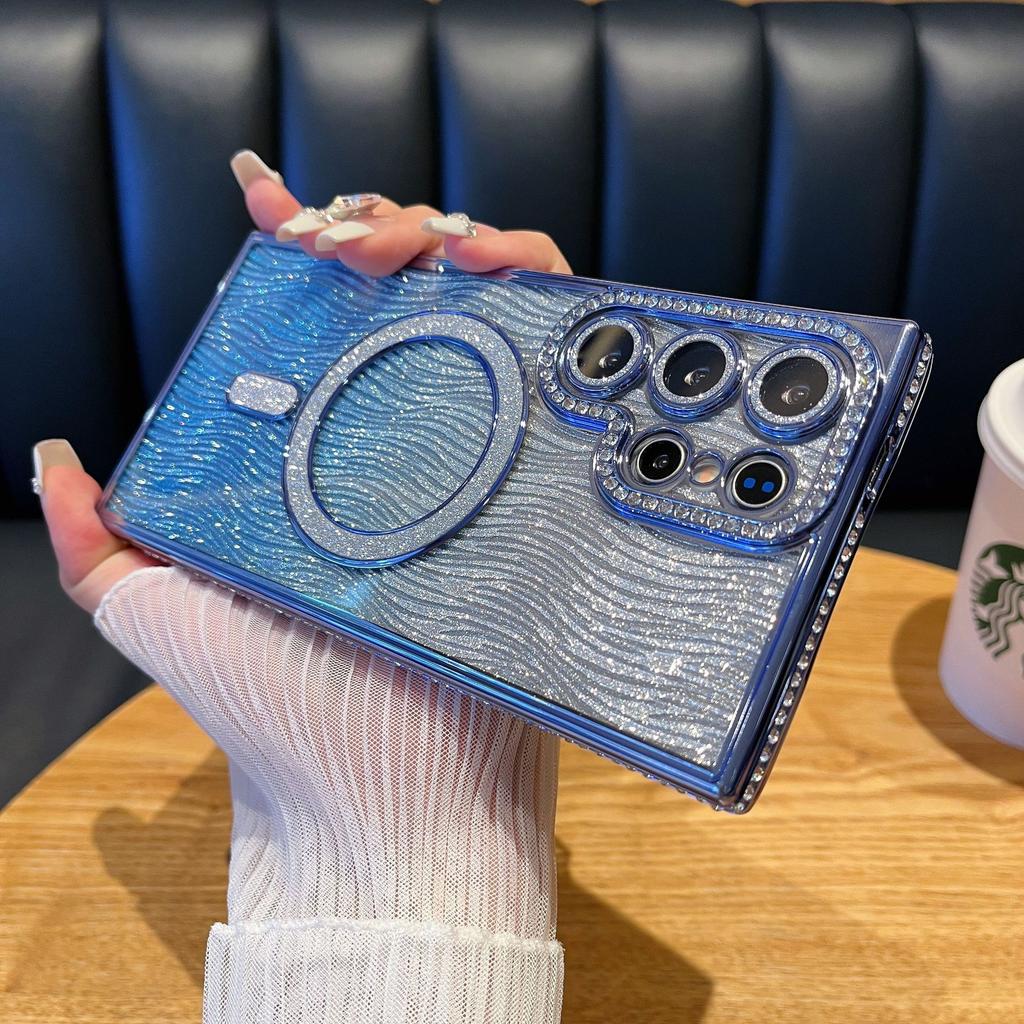 Suitable for Samsung S25 Flash Powder Magnetic Rhinestone Frame Mobile Phone Case Water Corrugated Flash Powder Lens Film A35 Anti Fall Full Package