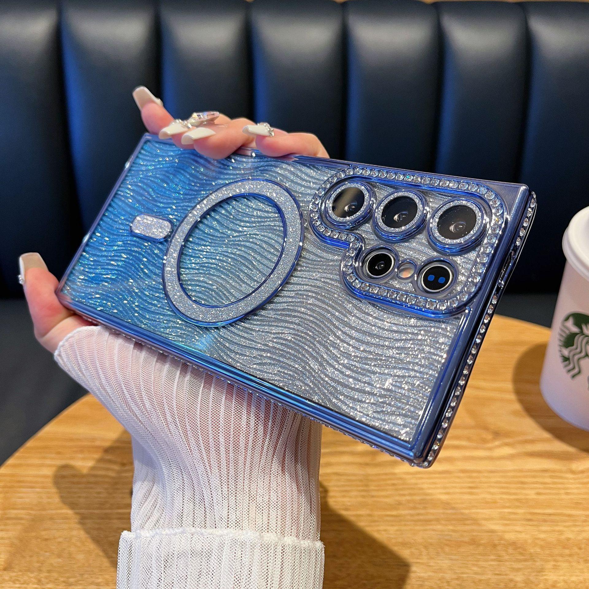 

Подходит для Samsung S25 Чехол для мобильного телефона с магнитной рамкой из стразов с блестками, Волнистая пленка для объектива с блестками, A35 Полная защита от падений Samsung A16