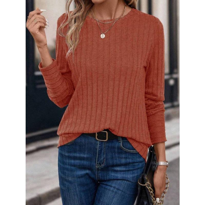 

Однотонные удобные футболки с круглым вырезом и рубчиком для весны и осени, повседневные женские футболки с длинными рукавами XL коричный