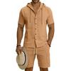Men's Linen Hooded Shirt & Shorts Cardigan Set with Work Pants - Two-Piece Set in Stock.