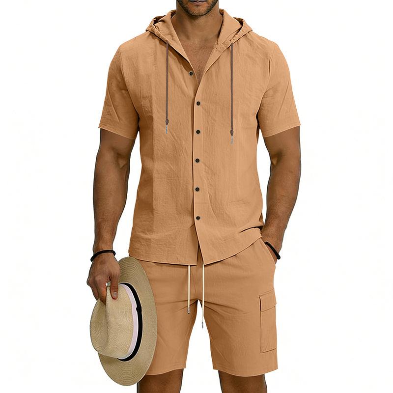 Men's Linen Hooded Shirt & Shorts Cardigan Set with Work Pants - Two-Piece Set in Stock.