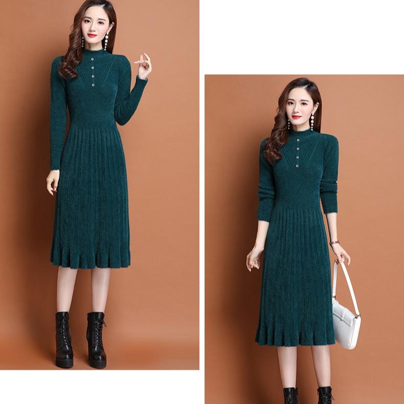 Faux Mink Fur Dress Mid-length Knitted Dress for Women Solid-color Casual Long-sleeved Sweater Autumn and Winter