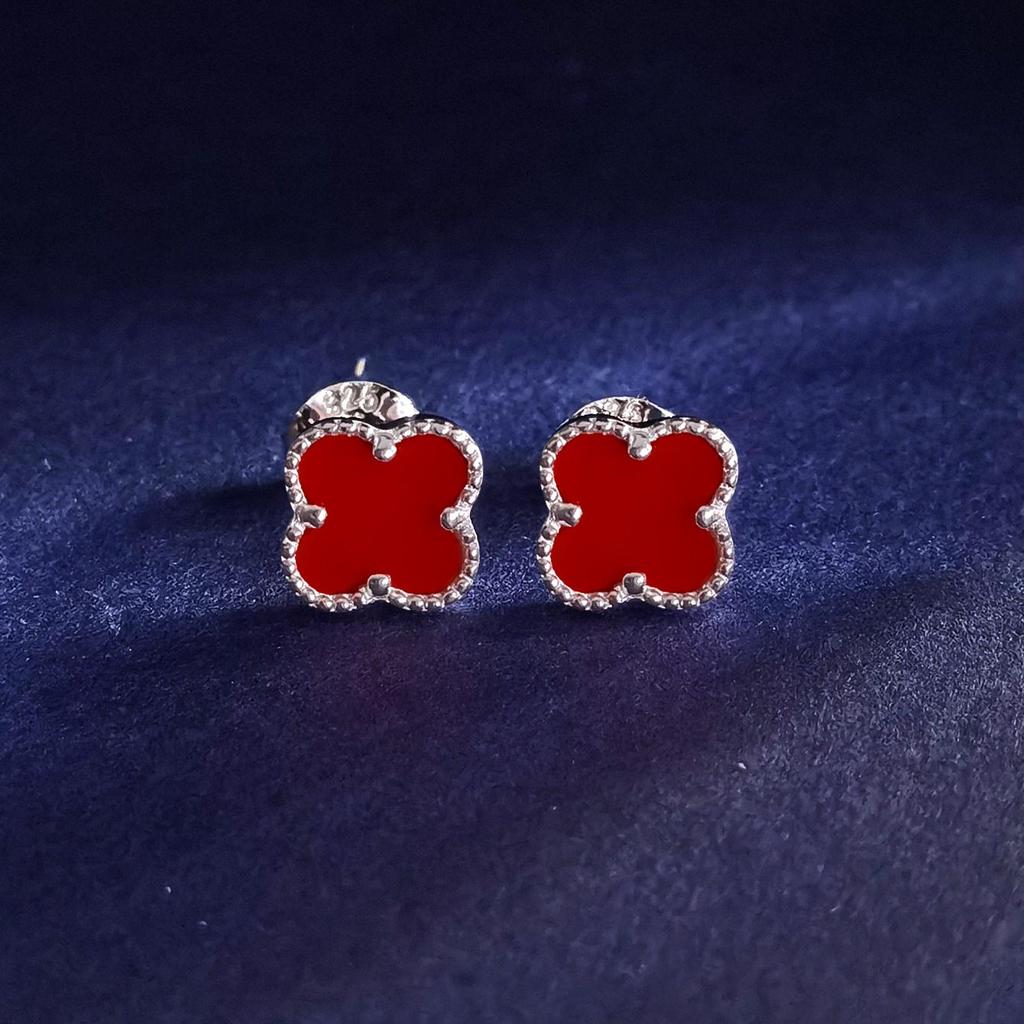 Orecchini a bottone multicolore in argento sterling 925 con quattro foglie di fiori, conchiglia bianca, malachite, agata nera, turchese rosso, occhi di tigre