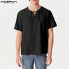 INCERUN Vintage Mens Summer Short Sleeve Lace Up Neck Solid Color Casual T-shirts Tops