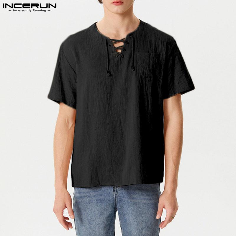 INCERUN Tricouri Topuri Casual de Vară pentru Bărbați Vintage cu Mânecă Scurtă, cu Șireturi la Gât, Culoare Solidă