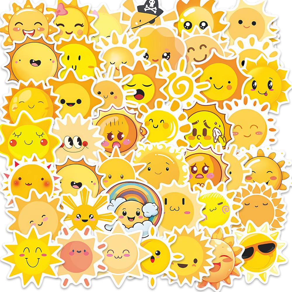 50 Cartoon Sun Expression Stickers: Waterproof Decorative Set for Scrapbooking, Notebooks, and Luggage