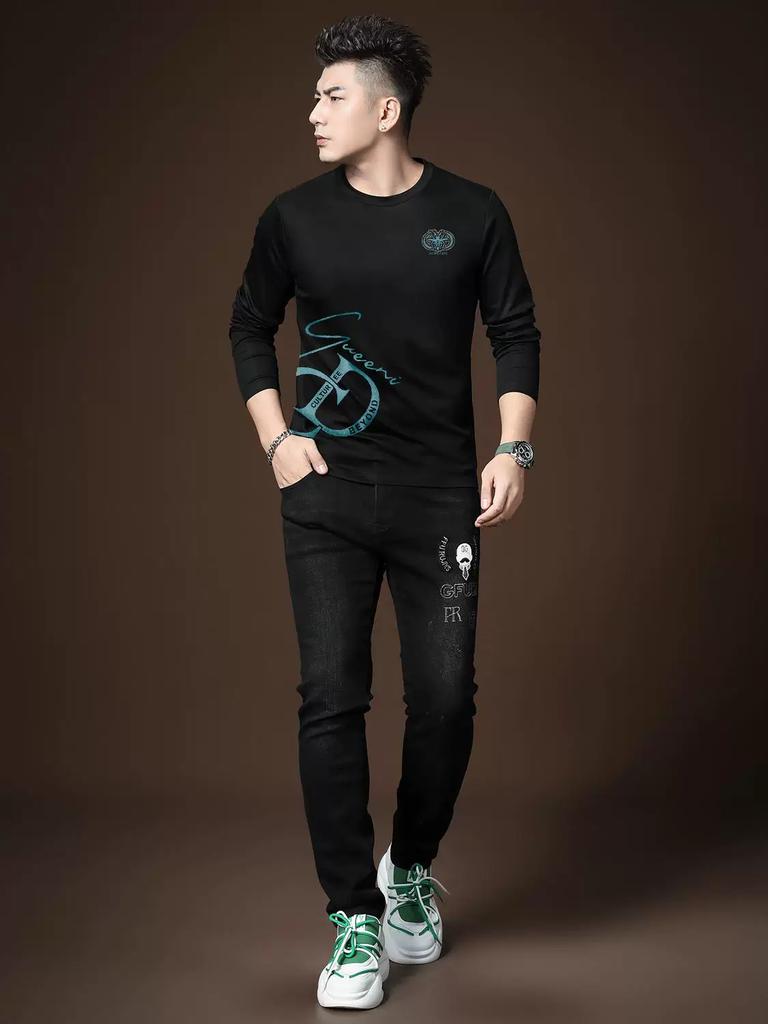 2025 Autumn New Men's Round Neck Long Sleeve T-Shirt Trendy Brand Letter Print Base Shirt Casual Top Tee for Men
