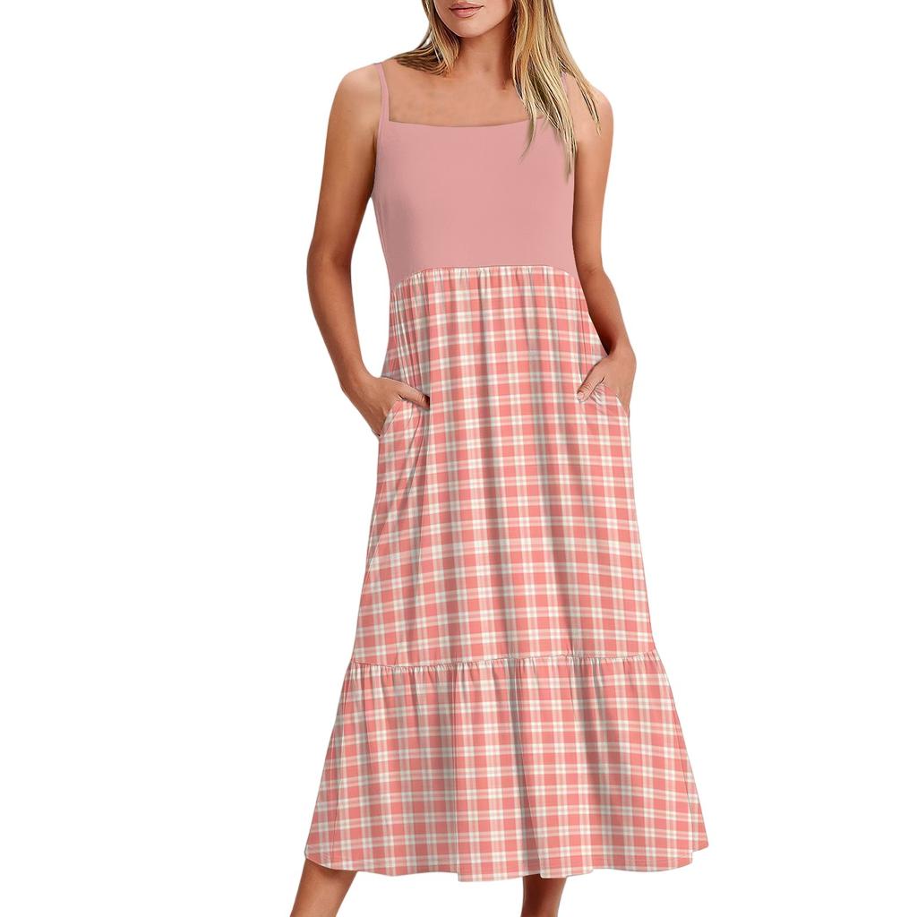 Women's Long Beach Casual Elegant Spaghetti Strap Maxi Dress Plaid Print Low-key Flowing Bohemian Dress