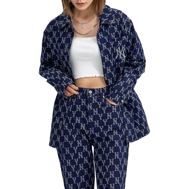MLB New York Yankees FW22 Floral Vintage Full Print Denim Jacket Unisex Jacket Blue 3ADRM0224-50NYD