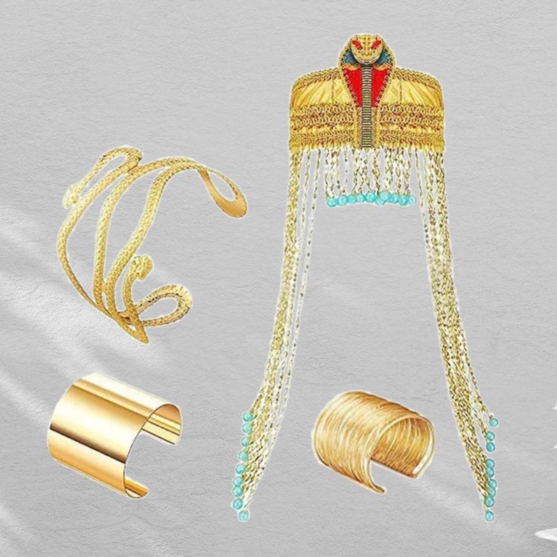 Egyptian Costume Accessories Includes Snake Egyptian Headpiece with Tassels Beads Wrist Bracelet Cuff Snake Arm Cuff