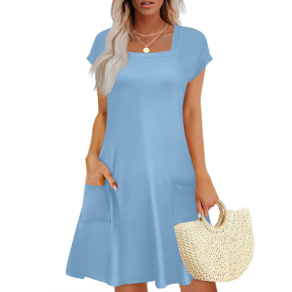 Summer Dresses for Women Loose Square Neck Cap Sleeve Casual Beach Vacation Tshirt Dress Sundresses with Pockets