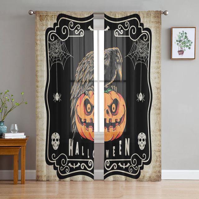 Halloween Lebka Hlava Horor Tylové Závěsy Do obývacího pokoje Ložnice Dekorace Průhledný šifon Průsvitný voál Okenní závěs