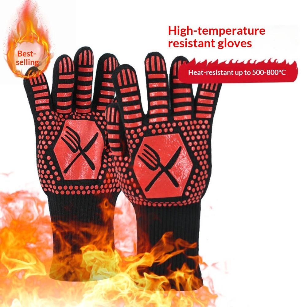 Hitzebeständige und hitzebeständige Grillhandschuhe mit fünf Fingern, wärmeisolierend, mikrowellengeeignet, mit Silikonbeschichtung.