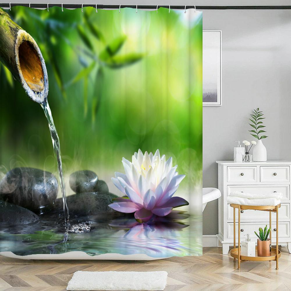 Grüne Pflanzen Bambus Blumen Zen Stein Badezimmervorhang Polyesterstoff Duschvorhänge und Teppiche Toilettendeckel Badematten Set Dekor