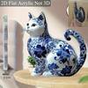 Elegante Blau-Weiße Porzellan Katze Acryl Schreibtischdeko, 2D Flaches Kunstdesign, Boho Stil für Home Office Bar Cafe, Perfektes Geschenk für Katzenliebhaber, Valentinstag
