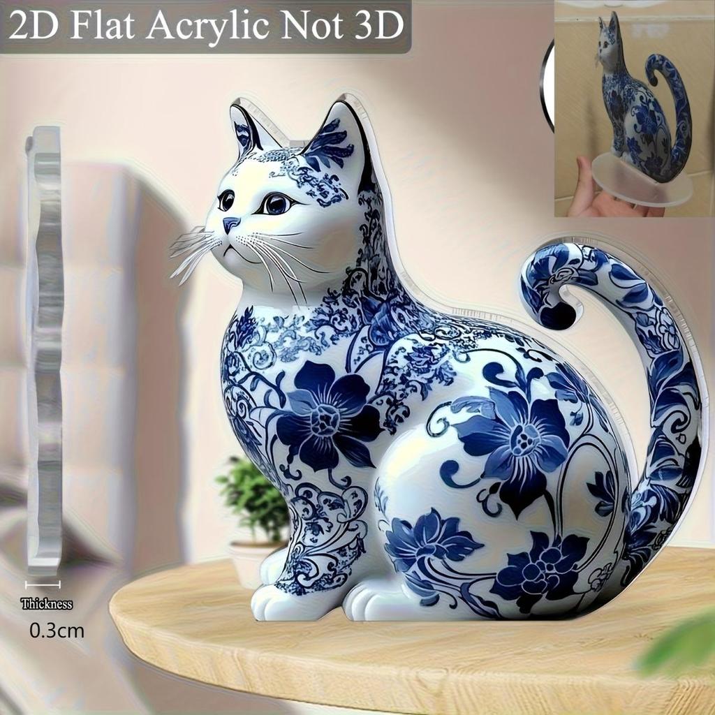 Elegante Blau-Weiße Porzellan Katze Acryl Schreibtischdeko, 2D Flaches Kunstdesign, Boho Stil für Home Office Bar Cafe, Perfektes Geschenk für Katzenliebhaber, Valentinstag