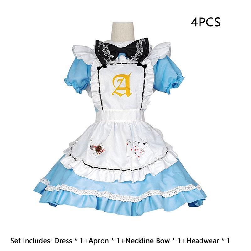 In Alice Wonderland Maid Dress Set Cosplay Costume Playing Card Pattern Fan Girl