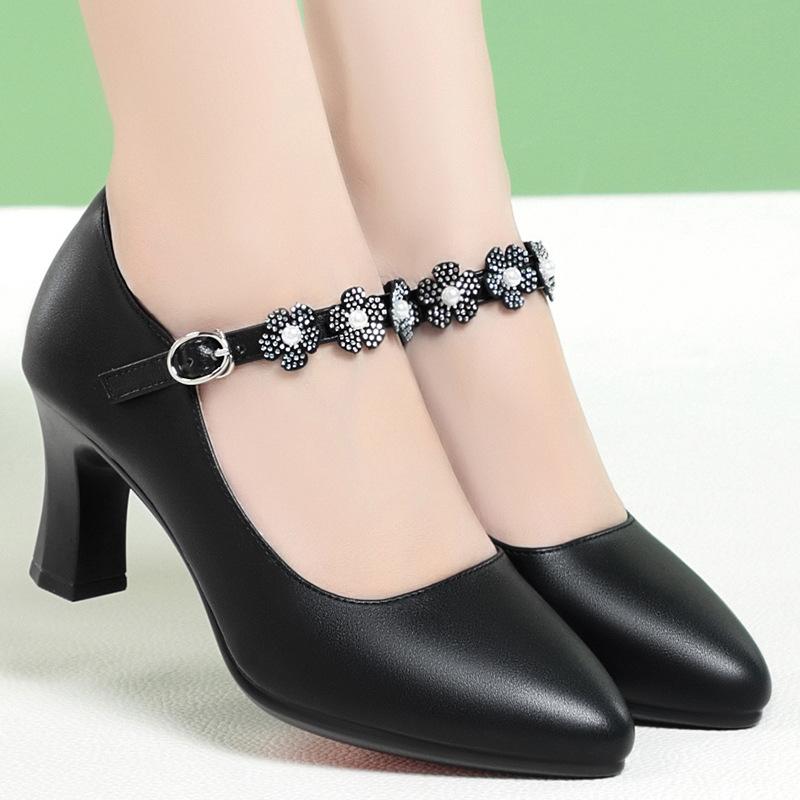 fashion 2024 Women Pumps Flower Mary Jane shallow mouth Shoes  One-line Buckle Pointed Toe Medium Elegant Heels Soft Leather Dance Shoes