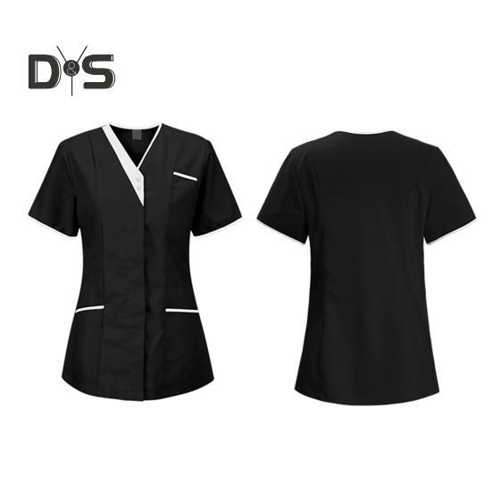 Bluzki pielęgniarskie z dekoltem w serek i krótkim rękawem, patchworkowe, kolorowe, kieszenie, guziki, dekolty, bluzki do chirurgii stomatologicznej, odzież robocza