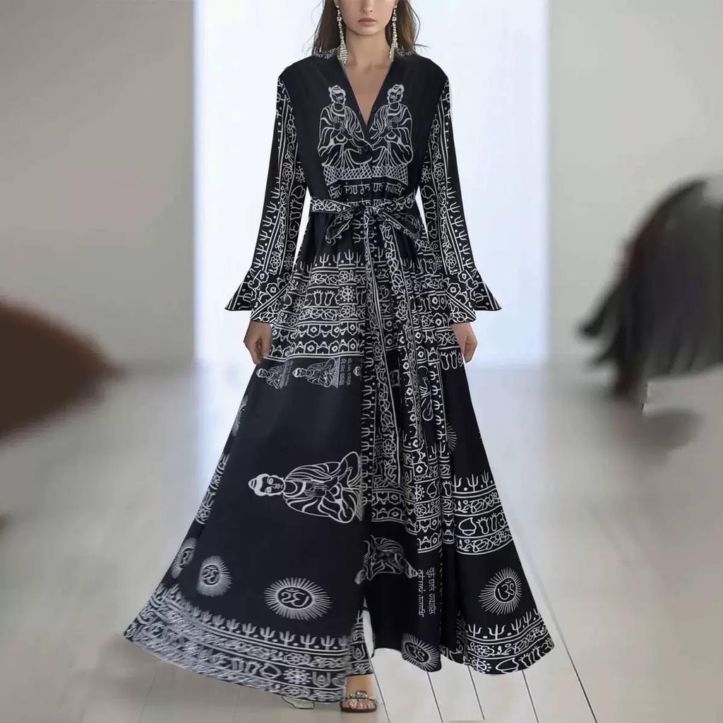 LYRIA Elegant Long Sleeve Maxi Dress Women Summer Fashion Slim Floral Print V-neck White Long Dresses Casual