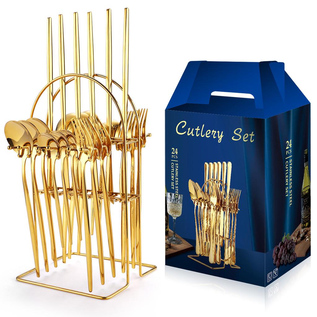 Stainless Steel Tableware Set with 24 Knives Forks and Spoons Home Storage Rack for Western Style Steak