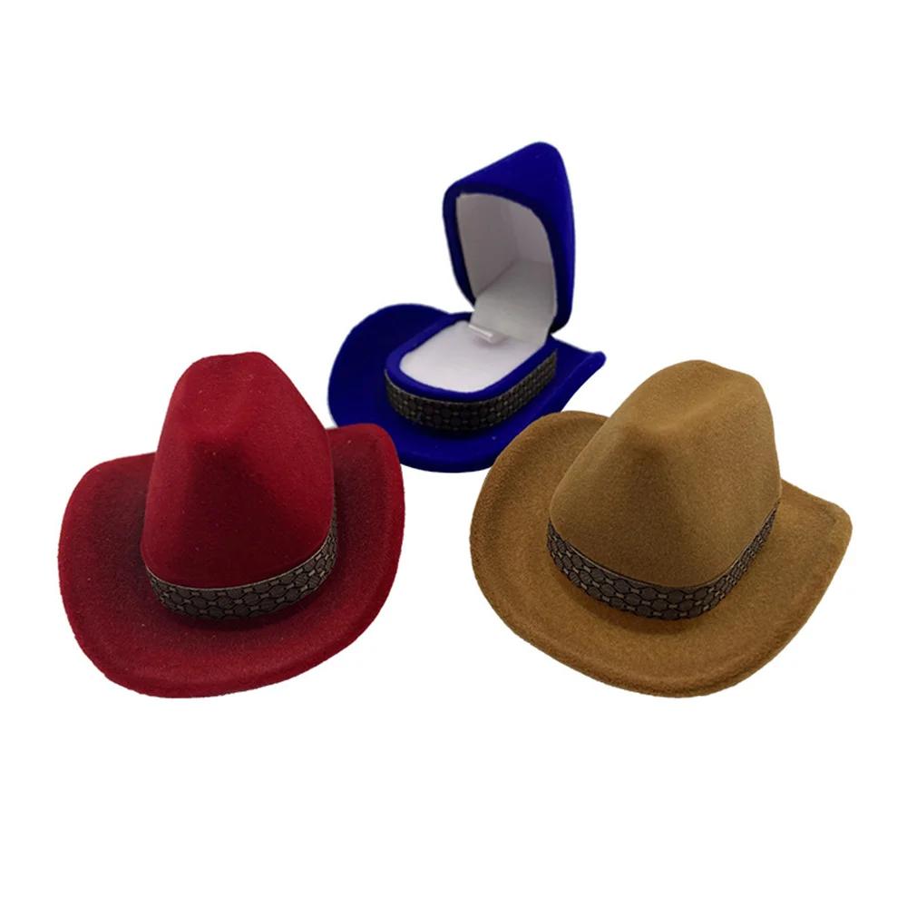 2026 Creative Cowboy Hat Shape Rings Box Velvet Jewelry Display Box Storage Case Jewelry Packaging Display