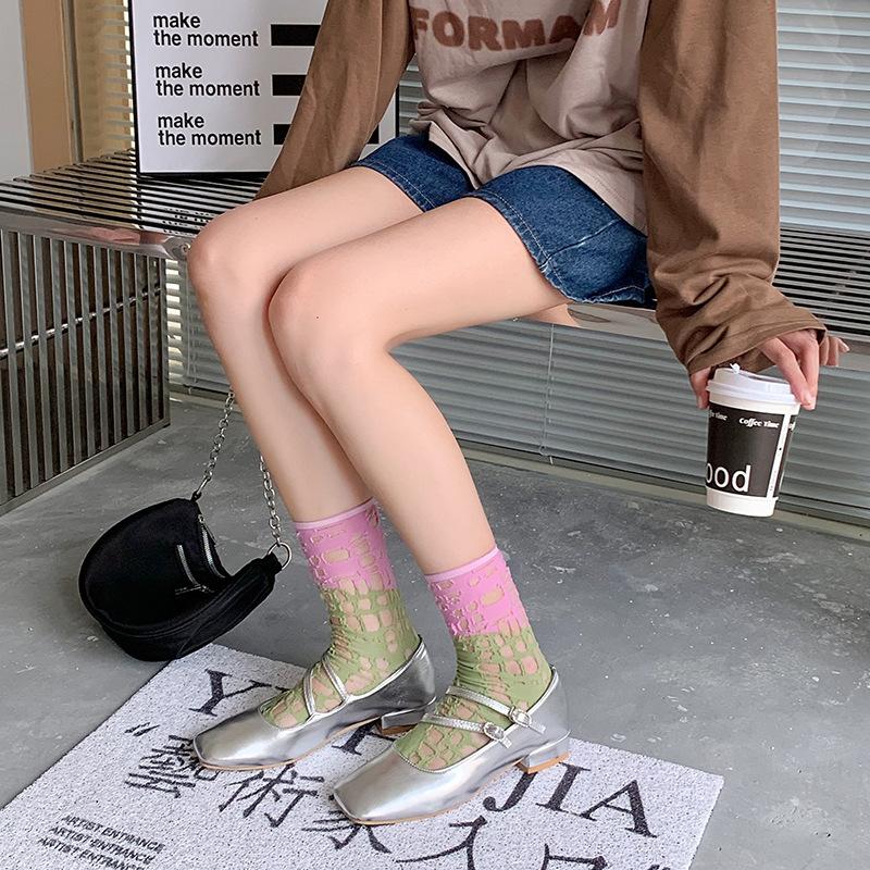 Contrast Splicing Torn Holes Beggar'S Hollow Mesh Socks Summer Breathable Glass Silk Tube Socks Thin Piles Of Socks