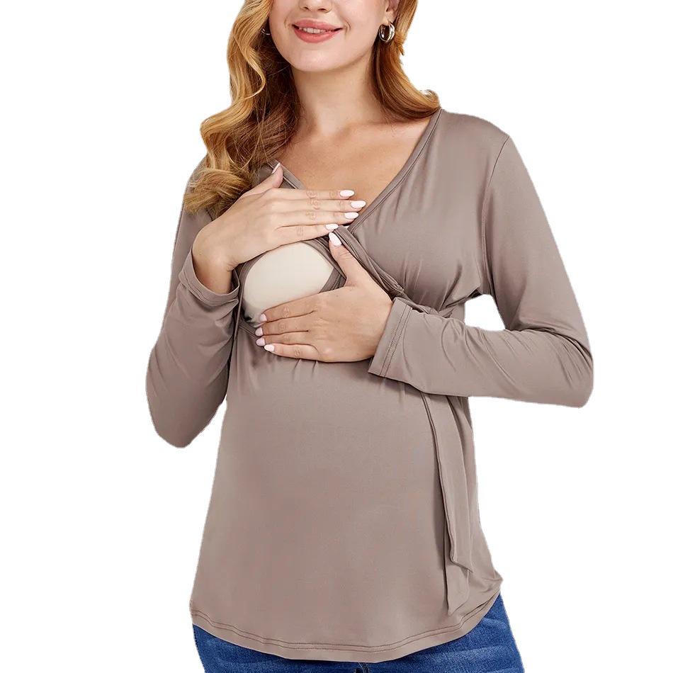 New 2022 V-Neck Long-Sleeve Solid Color Breastfeeding Maternity Wear for Europe and America.