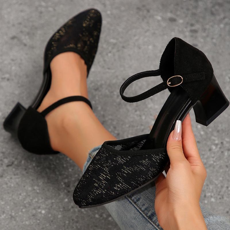 Fashion 2024 Spring and Summer Fashionable Women's Sweet High Quality Black Leather Buckle Strap Toe Sandals Cool European High Heels