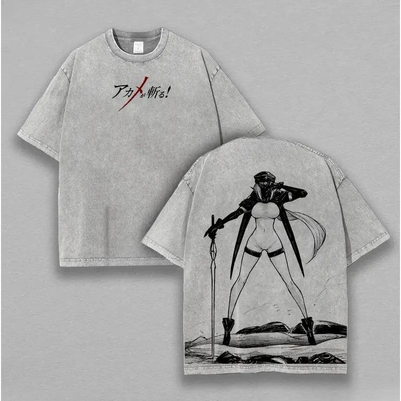 Akame ga KILL Anime T-shirt Harajuku Vintage Washed Oversized T Shirt Men Women Clothing Summer Short Sleeve Cotton Tees Tops XXL серый
