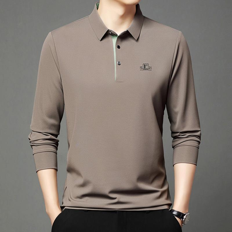 Long-Sleeved Polo Shirt Men'S Simple Casual Bottom Lapel Printed T-Shirt Bottom Shirt