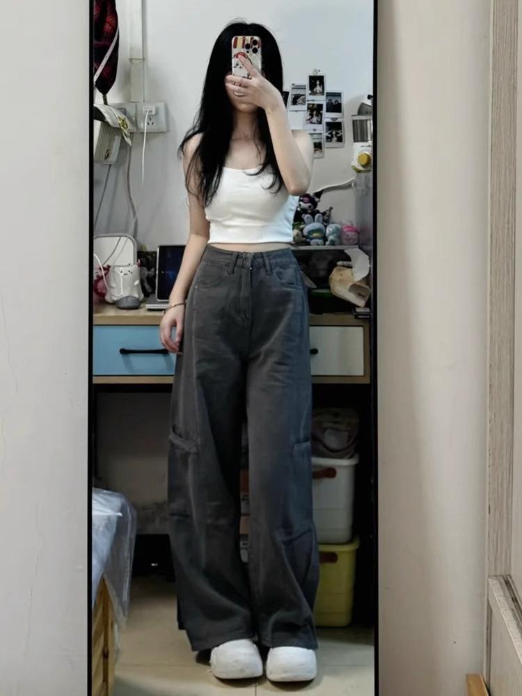 Women's High-Waist Gray Wide-Leg Jeans - Summer Retro Slimming Straight-Leg Pants