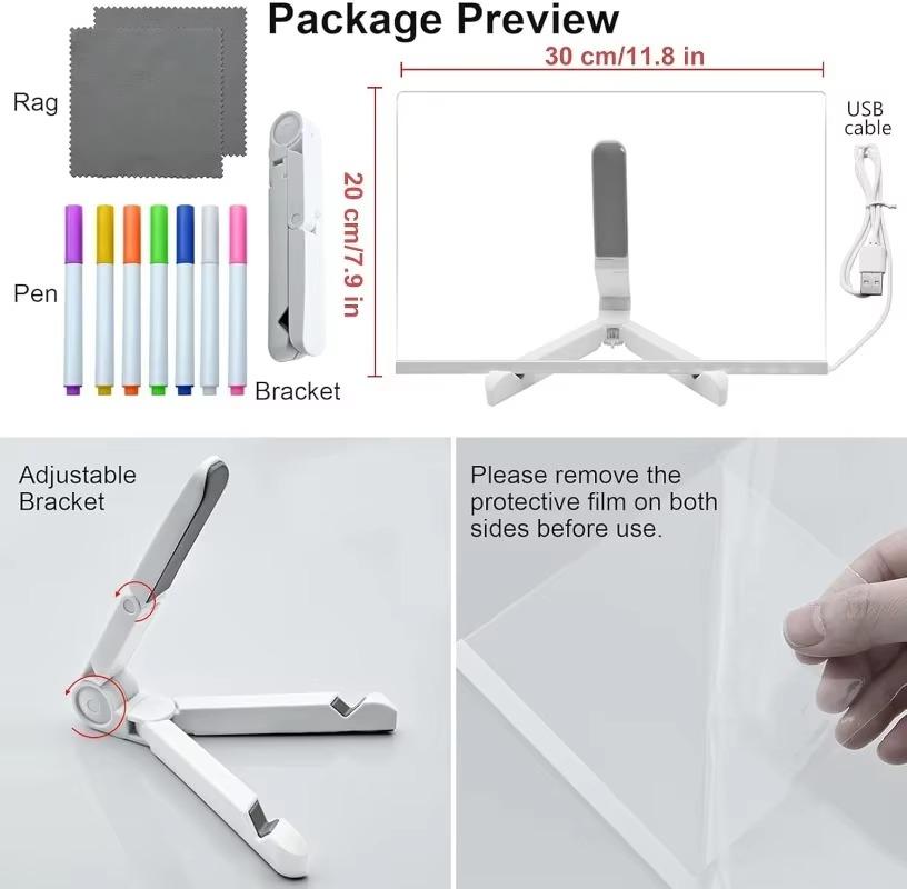 Acrylic Dry Erase Board LED Light Up Note Board with Markers Modern Message Center for Desk or Wall Writing Board Daily Planner