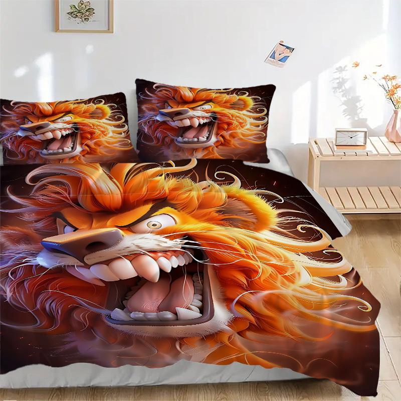 

3pcs Lion Head Bedding Set - 1 Duvet Cover + 2 Pillowcases(Core Not Included), Machine Washable Polyester yy251216120 135x200cm