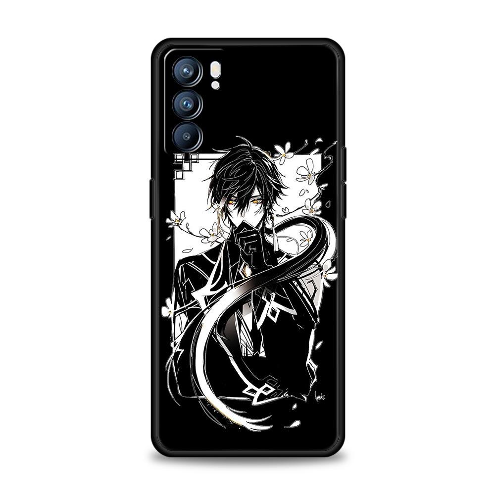 Genshin impact svart og hvitt Deksel For OPPO Find X5 A54 A53 A52 A9 2020 A16 A15 A95 A76 A74 A12 Reno7 SE Reno6 Pro+ 5G Deksel