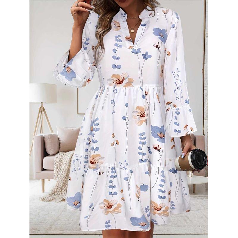 

V-образный вырез Модный стиль Новое поступление Женская одежда Принт Длинные рукава Платье Осень и Зима Мода Повседневный Свободный Стройнящий А-силуэт Юбка Прилив White S