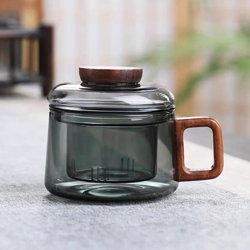 Ceașcă de ceai din sticlă cu mâner din lemn cu capac cu filtru Separator ceai-apă Rezistentă la căldură Set de ceai Kung Fu Ceașcă de ceai Offi