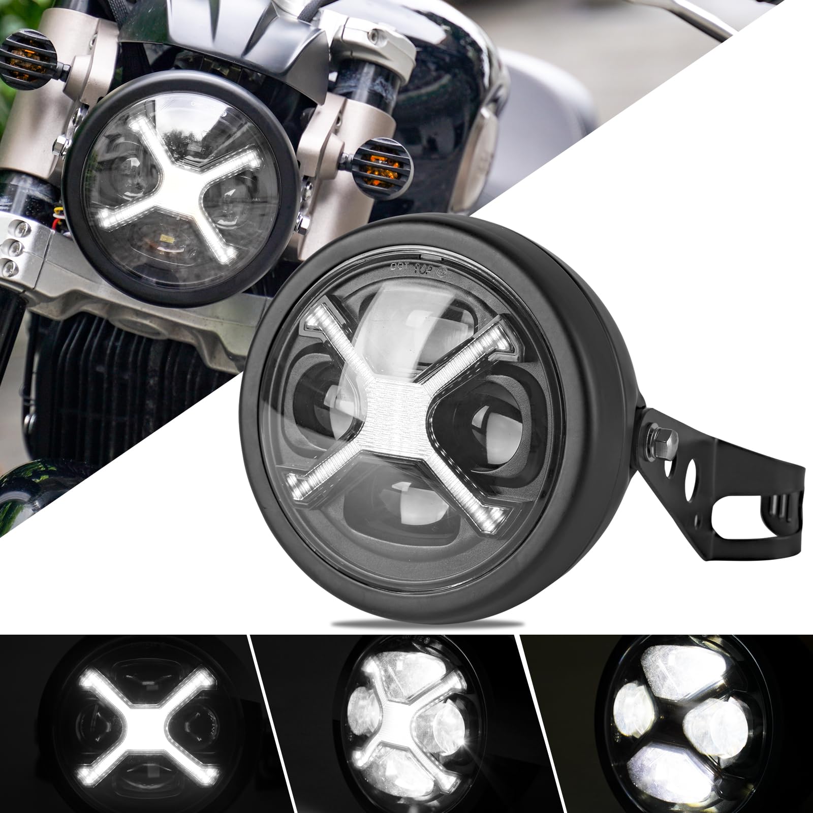 

Motikvans 5.75 дюймовая светодиодная фара для велосипеда Ретро Черная форма Людей Икс Белый ДХО Дальний/Ближний свет белый